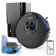 Black smart robot vacuum cleaner with charging dock, mop attachment, and smartphone app