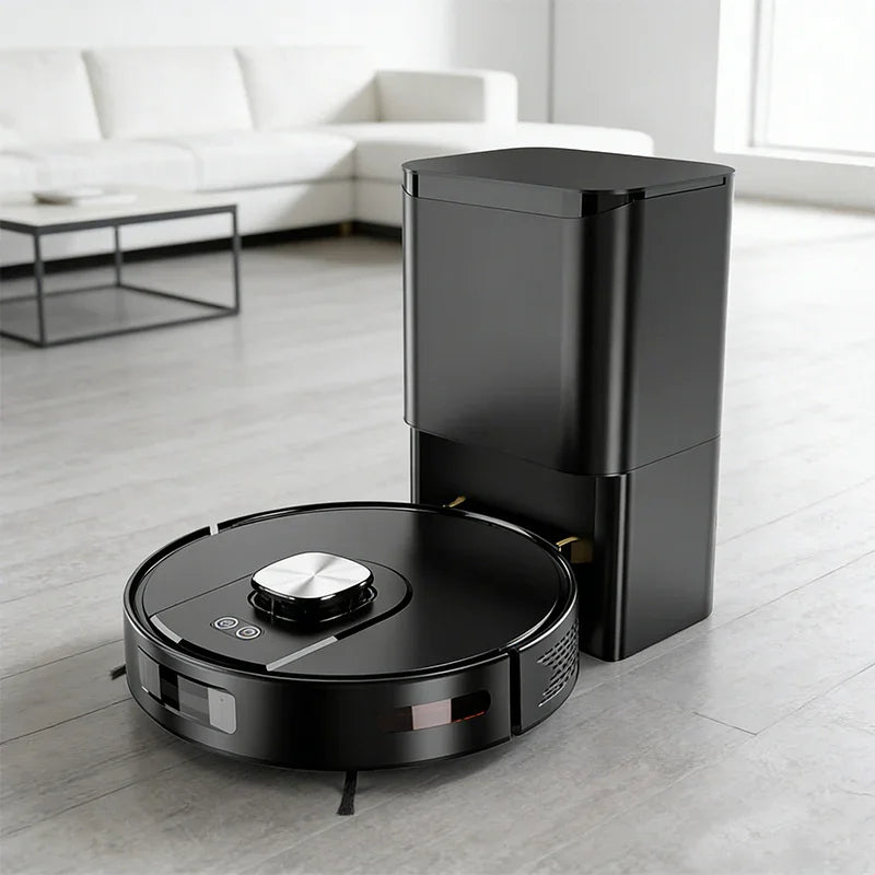 Black robot vacuum cleaner with docking station on modern living room floor