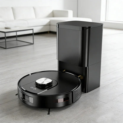 Black robot vacuum cleaner with docking station on modern living room floor