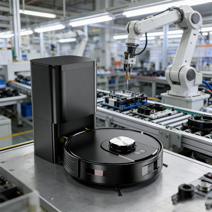 Black robot vacuum with charging dock on a factory assembly line, robotic arm in background