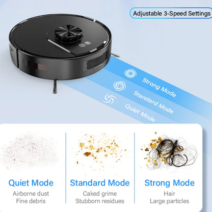 Robot vacuum cleaner with adjustable 3-speed suction modes for dust, debris, and pet hair.