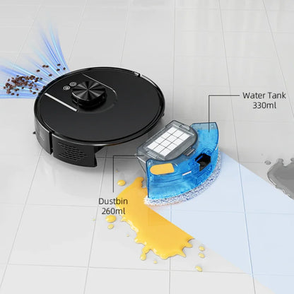 Robot vacuum cleaner mopping tile floor and collecting debris, labeled dustbin and water tank