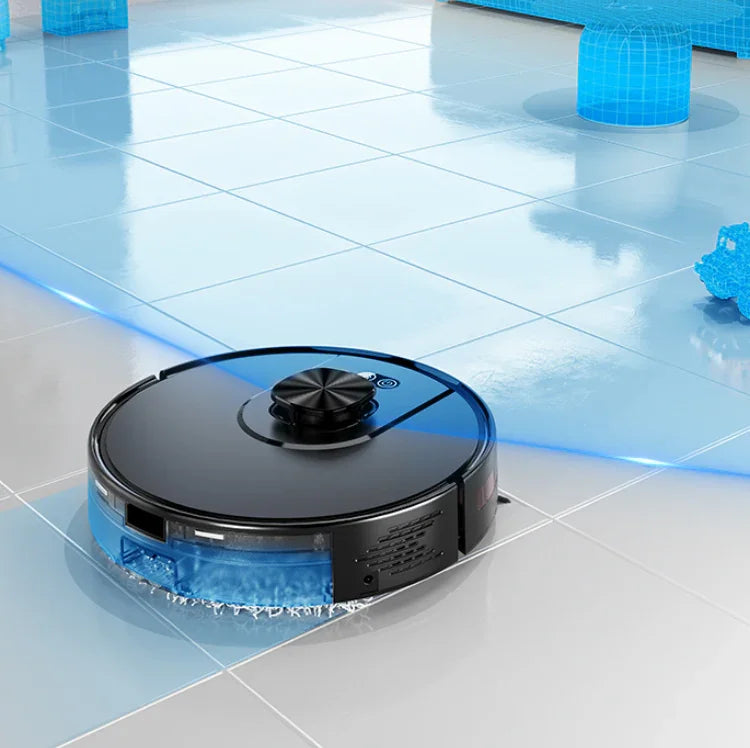 Robot vacuum cleaner mopping white tiled floor with smart navigation sensors