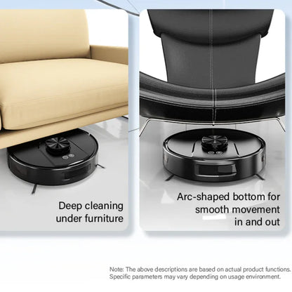 Robot vacuum cleaner cleaning under sofa and chair, designed for deep cleaning and easy movement.