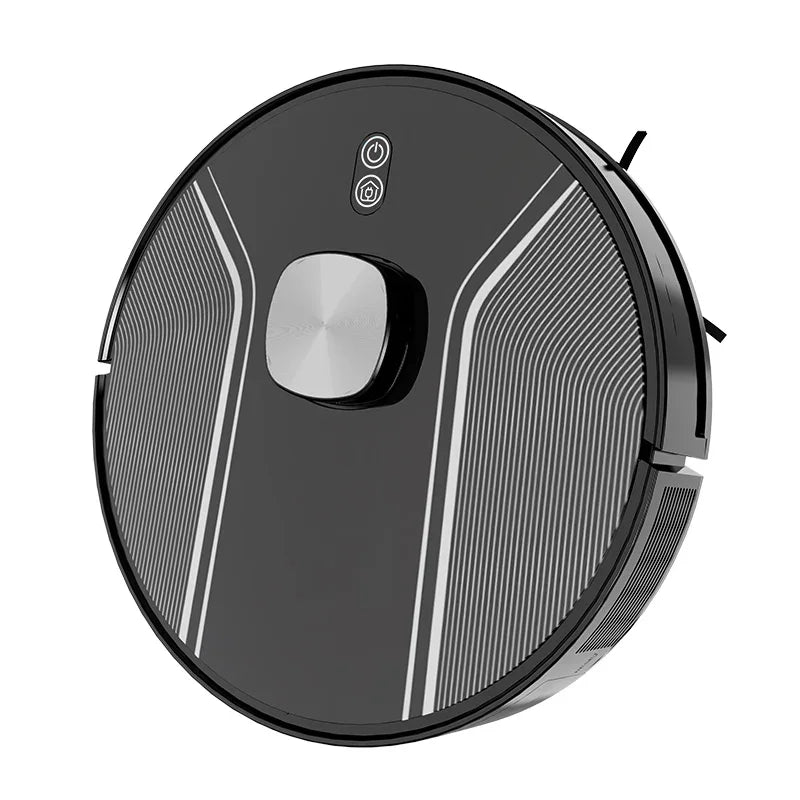 Black robotic vacuum cleaner with sleek silver detailing and power buttons on top