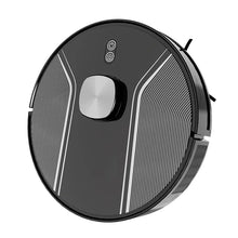 Black robotic vacuum cleaner with sleek silver detailing and power buttons on top