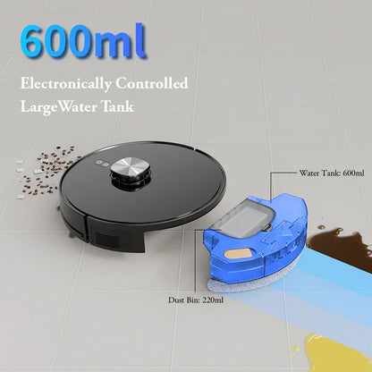 Robot vacuum cleaner with 600ml water tank and 220ml dust bin on tiled floor cleaning debris