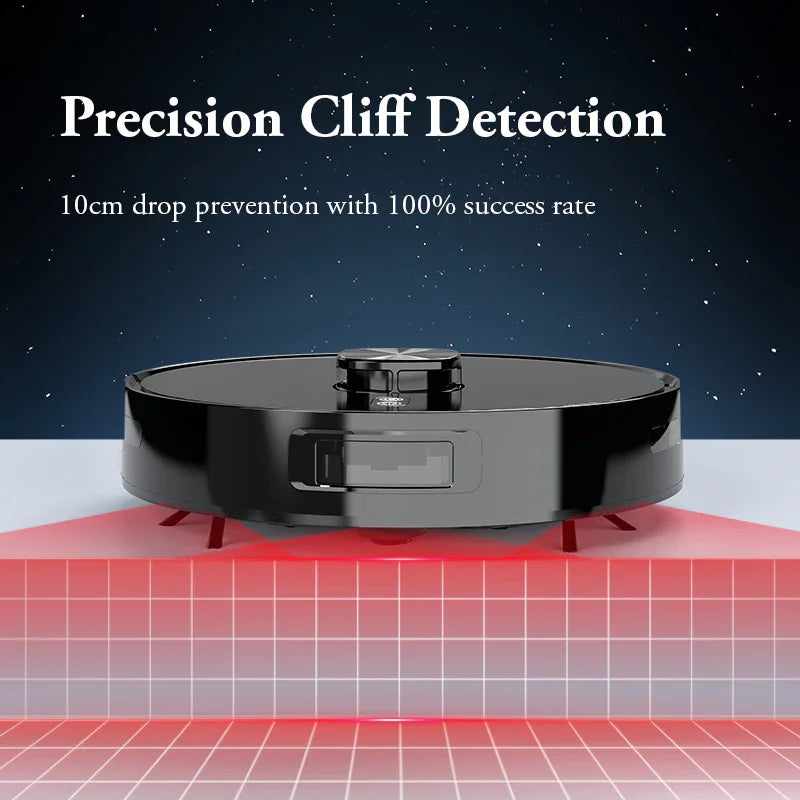 Black robot vacuum cleaner with precision cliff detection and drop prevention feature