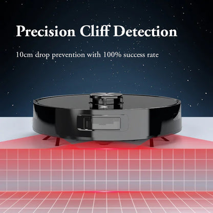 Black robot vacuum cleaner with precision cliff detection and drop prevention feature