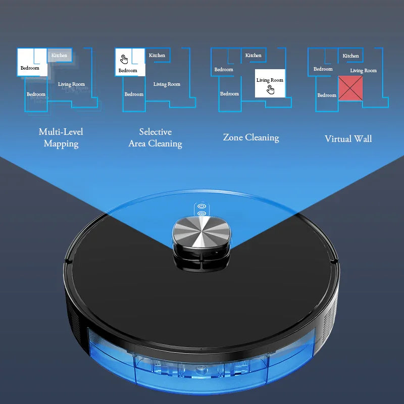 Smart robot vacuum cleaner with multi-level mapping, selective area, zone cleaning, and virtual wall features.