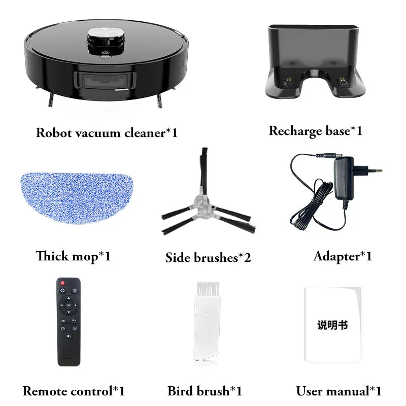 Robot vacuum cleaner kit with recharge base, mop, side brushes, adapter, remote, cleaning brush, user manual