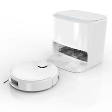 White robot vacuum cleaner with charging and cleaning dock on white background