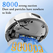 Robot vacuum cleaner with 8000Pa strong suction, dust and particles being cleaned