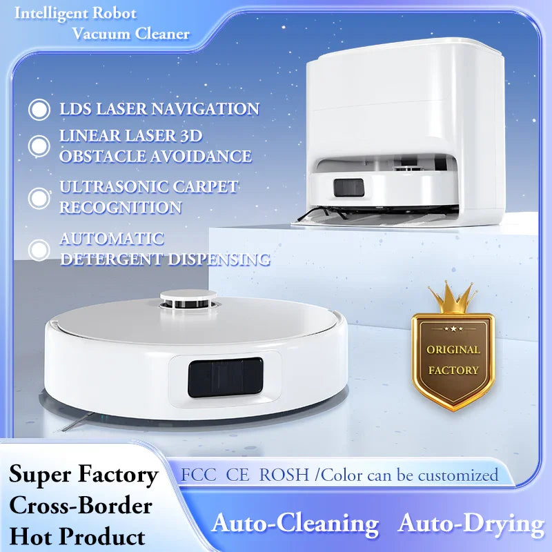 White intelligent robot vacuum cleaner with docking station, featuring laser navigation and automatic cleaning.