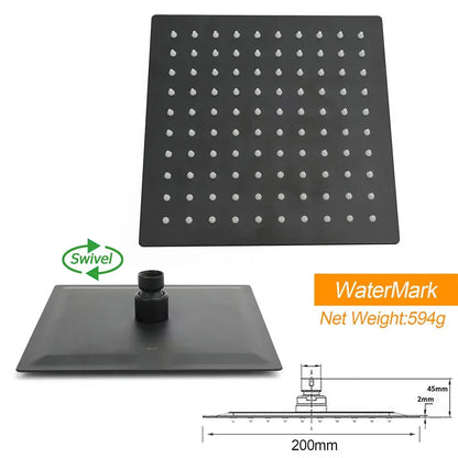 Matt Black Square 8" Rainfall Shower Head & 400mm Brass Straight Wall Mount Arm Set