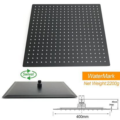 Matt Black 16" Large Rainfall Shower Head 300mm Ceiling Dropper Arm Square Mixer Taps