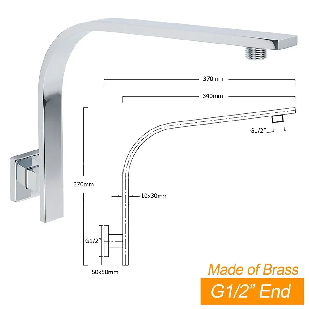 WELS Chrome 8" 200mm SUS Square Rainfall Shower Head Brass Gooseneck Wall Arm Set