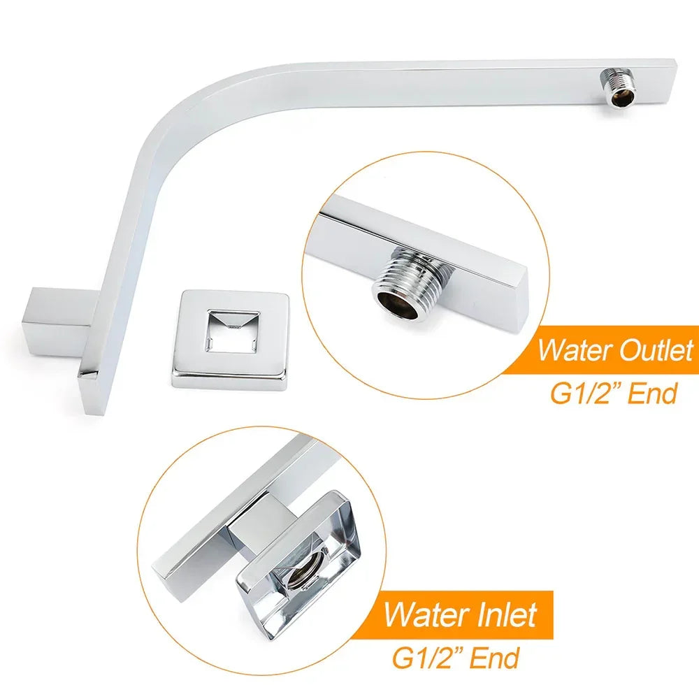 WELS Chrome Square 10" Thin Rainfall Shower Head + Brass Gooseneck Wall Arm Set