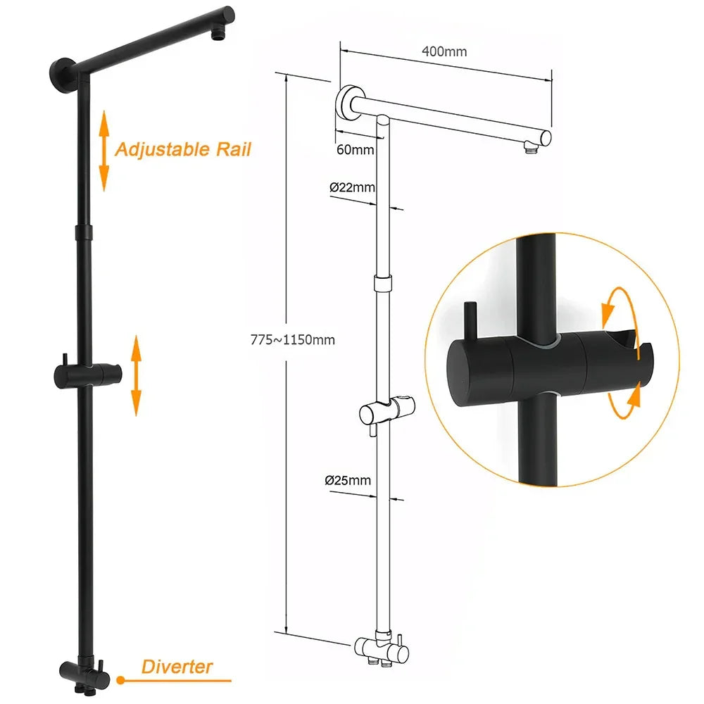 Matt Black 2in1 Round Shower 10" Rain Head 3 Mode Handheld Sliding Rail Diverter Mixer Set