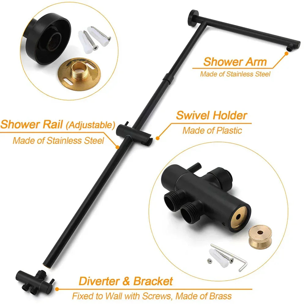 Matt Black 2in1 Round Shower 10" Rain Head 3 Mode Handheld Sliding Rail Diverter Mixer Set
