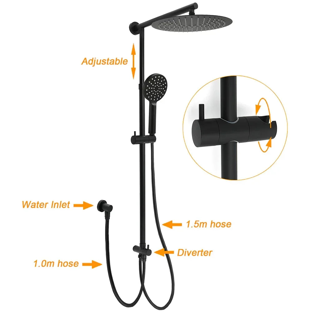 WELS Matt Black Twin Round 12" Shower Head Set Handheld Flexible Rail Wall Arm Mixer