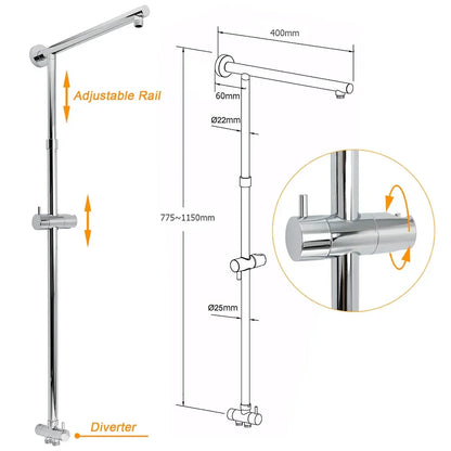 WELS Chrome Round 8" Thin Rainfall Head Handheld Sliding Rail Arm 2in1 Shower Twin Taps Set