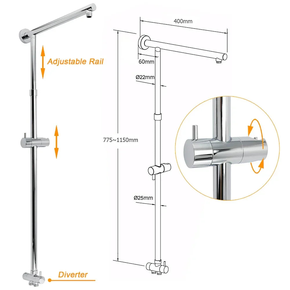 WELS Chrome Round Large 12" Rain Shower Head 3 Modes Handheld Wall Arm Rail 2in1 Set