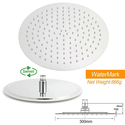 WELS Chrome Round Large 12" Rain Shower Head 3 Modes Handheld Wall Arm Rail 2in1 Set