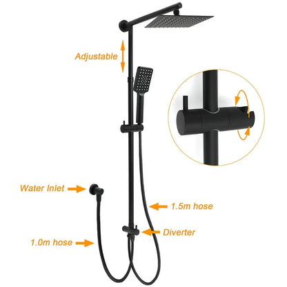 Matt Black 2in1 Set 8" Square Thin Shower Head Handheld Adjustable Silding Rail Arm