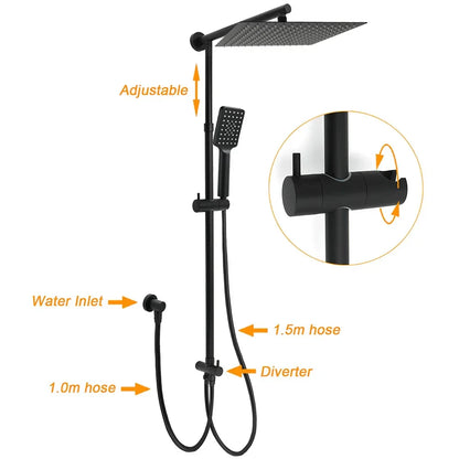 Matt Black Dual Shower Large 12" Square Head Handheld Adjustable Silde Rail Set Mixer