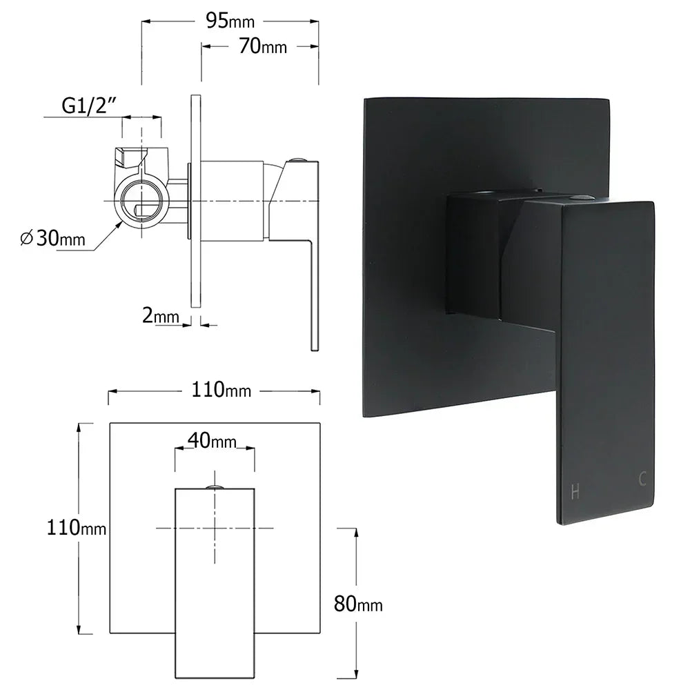 Matt Black Dual Shower Large 12" Square Head Handheld Adjustable Silde Rail Set Mixer