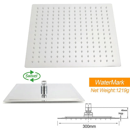 WELS Dual Square Shower Head 12" Rain Rose + 3 Modes Handheld Diverter Rail Arm Set