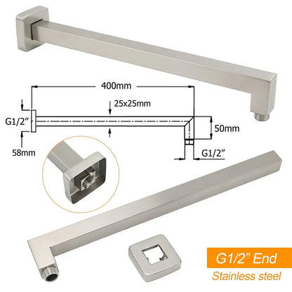 Brushed Nickel 8" Square Rainfall Shower Head + 400mm Straight Wall Mount Arm
