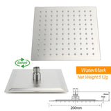 Brushed Nickel 8" Square Rainfall Shower Head + 400mm Straight Wall Mount Arm