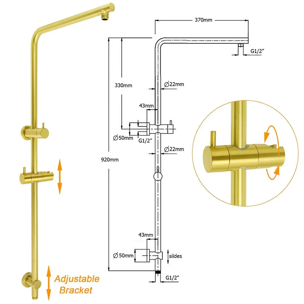 Brushed Gold Twin Shower Set Sliding Rail Arm 8" Round Head 3 Modes Handheld