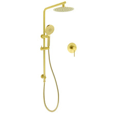 Brushed Gold Twin Shower Set 8" Round Head 3 Modes Handheld Sliding Rail Arm + Mixer