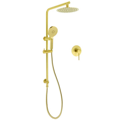 Brushed Gold Twin Shower Set 8" Round Head 3 Modes Handheld Sliding Rail Arm + Mixer