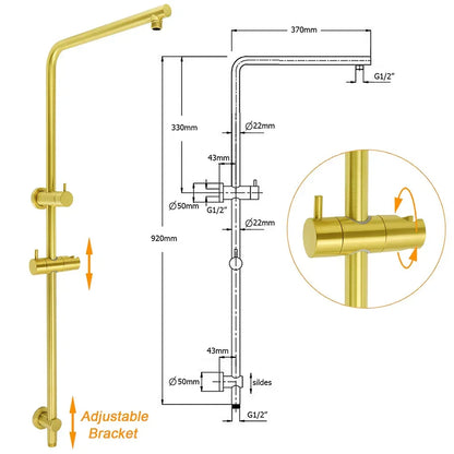 Brushed Gold Twin Shower Set 8" Round Head 3 Modes Handheld Sliding Rail Arm + Mixer