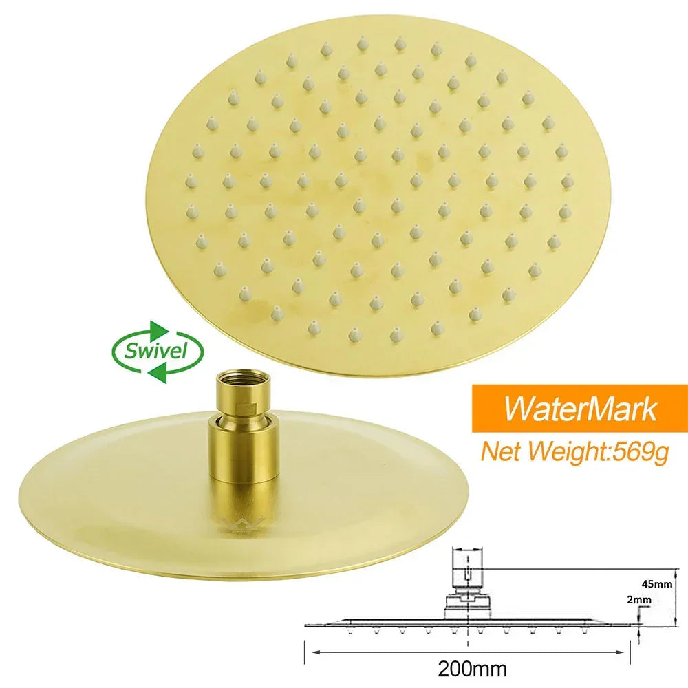 Brushed Gold Twin Shower Set 8" Round Head 3 Modes Handheld Sliding Rail Arm + Mixer