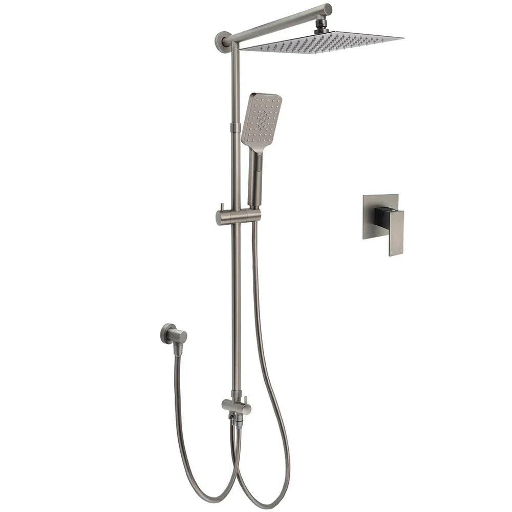 WELS Gun Metal 2in1 Shower Set Square 12" Rain Head 3 Modes Handheld Silde Rail Hot Cold Mixer