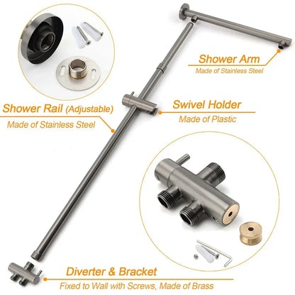 WELS Gun Metal 2in1 Round Shower 10" Rain Head Single Mode Handheld Sliding Rail Twin Taps Set