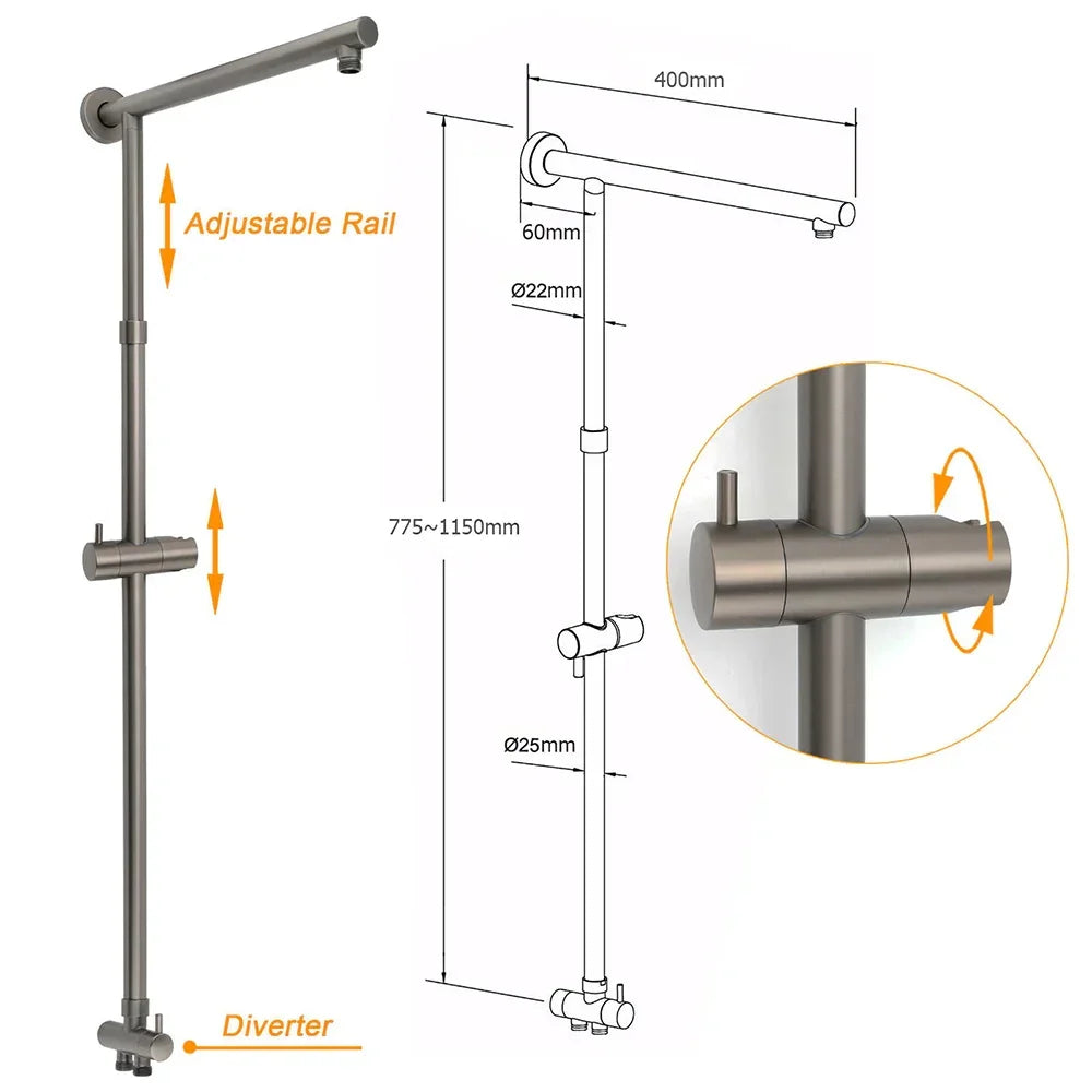 WELS Gun Metal Dual Round Shower Head 10" Rain Head Stainless Steel Handheld Sliding Rail Diverter Set