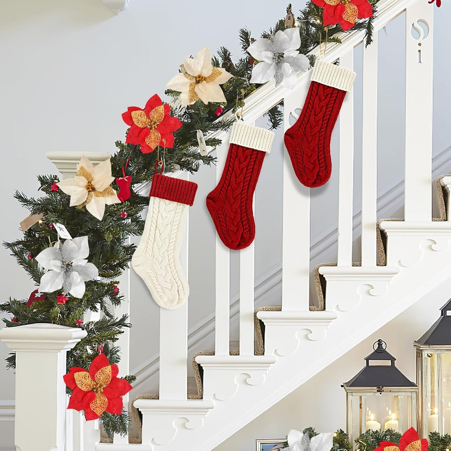 2 Pack 18" Personalized Christmas Stockings, 18inch Large Cable Knitted Xmas Hanging Stocking Decorations for Holiday Christmas Party Family Decor (Lvory/Burgundy)