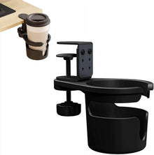 Black desk-mounted cup holder with adjustable clamp, holding coffee cup, ideal for office or home use