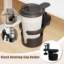 Black rotating cup holder for desk or chair, holds coffee cups and water bottles securely