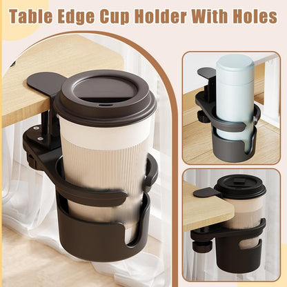 Black table edge cup holder with holes, securely holding coffee cups for easy access.
