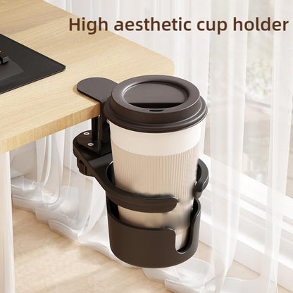 Black desk cup holder with coffee cup, sleek design for office or home use