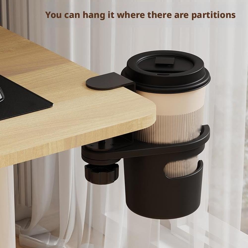 Black desk-mounted cup holder with coffee cup, ideal for partitioned spaces