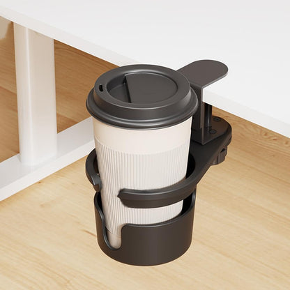 Black desk-mounted cup holder with coffee cup, ideal for office or home workspace organization