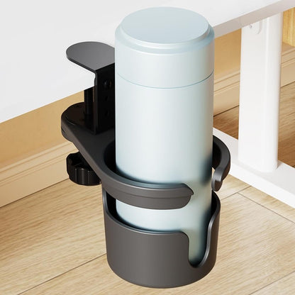 Black desk-mounted cup holder with light blue tumbler, ideal for office or home use
